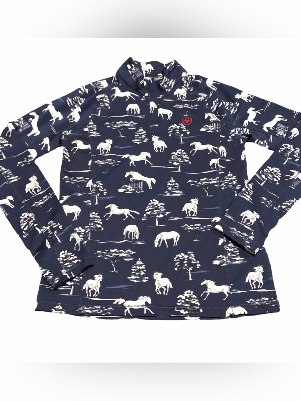 Ariat Tek Cold Series Girls' Navy Horse Print Long-Sleeve Performance Top Medium